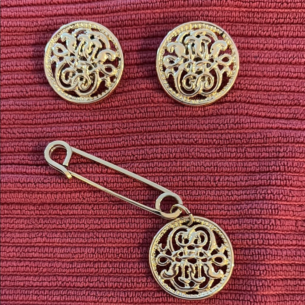 Elegant Gold-Tone Clip Earrings and Pin